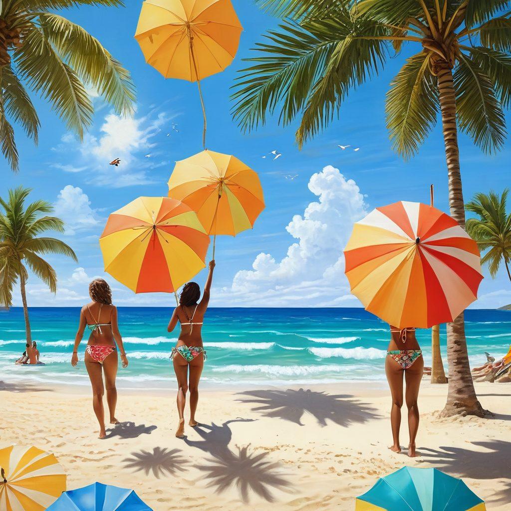 A sunny beach scene featuring a diverse group of individuals showcasing various trendy bikinis with colorful patterns. The background includes clear blue waters, golden sands, and a vibrant beach umbrella. Tropical palm trees sway gently, enhancing the carefree vibe of summer. Bright and playful elements should capture the essence of beach fun and fashion. vibrant colors. tropical theme. super-realistic.