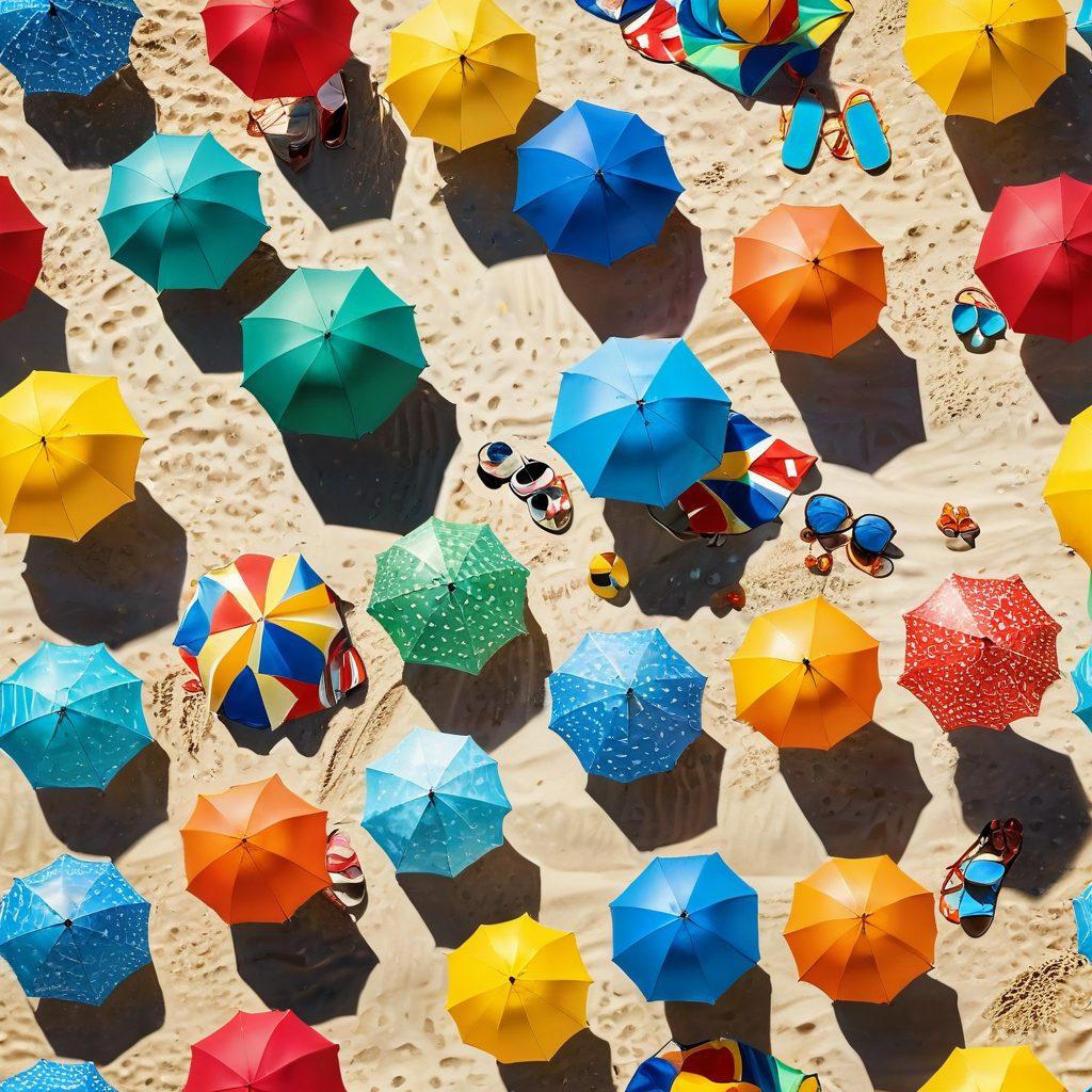 A sun-soaked beach scene showcasing a diverse group of stylish individuals in trendy swimwear, vibrant patterns, and accessories. Include colorful beach umbrellas, splashing waves, and whimsical beach toys, creating an atmosphere of joy and relaxation. The sky should be a brilliant blue and the sand shimmering under the sun. Perfect for conveying summer vibes and fashion. vibrant colors. super-realistic.